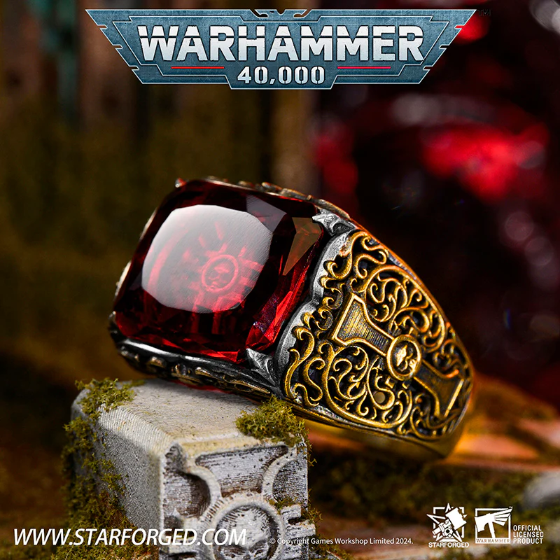 Starforged Seal of the Inquisitor Warhammer 40K Men's Garnet Gemstone 925 Silver & Gold Ring