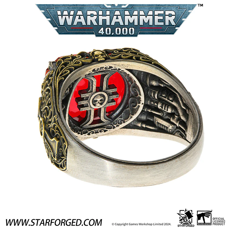 Starforged Seal of the Inquisitor Warhammer 40K Men's Garnet Gemstone 925 Silver & Gold Ring - Image 3