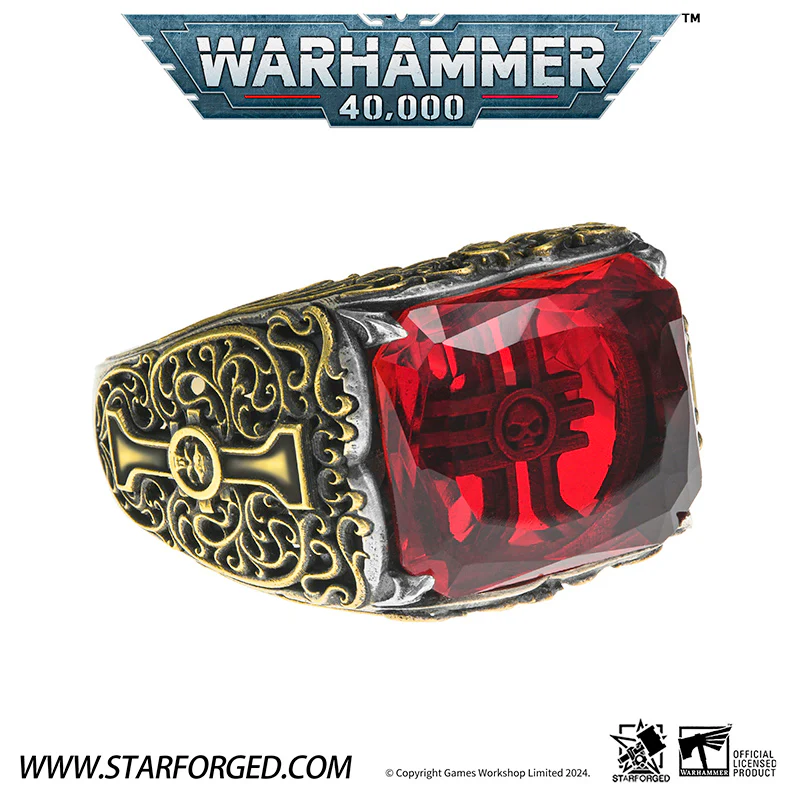 Starforged Seal of the Inquisitor Warhammer 40K Men's Garnet Gemstone 925 Silver & Gold Ring - Image 4