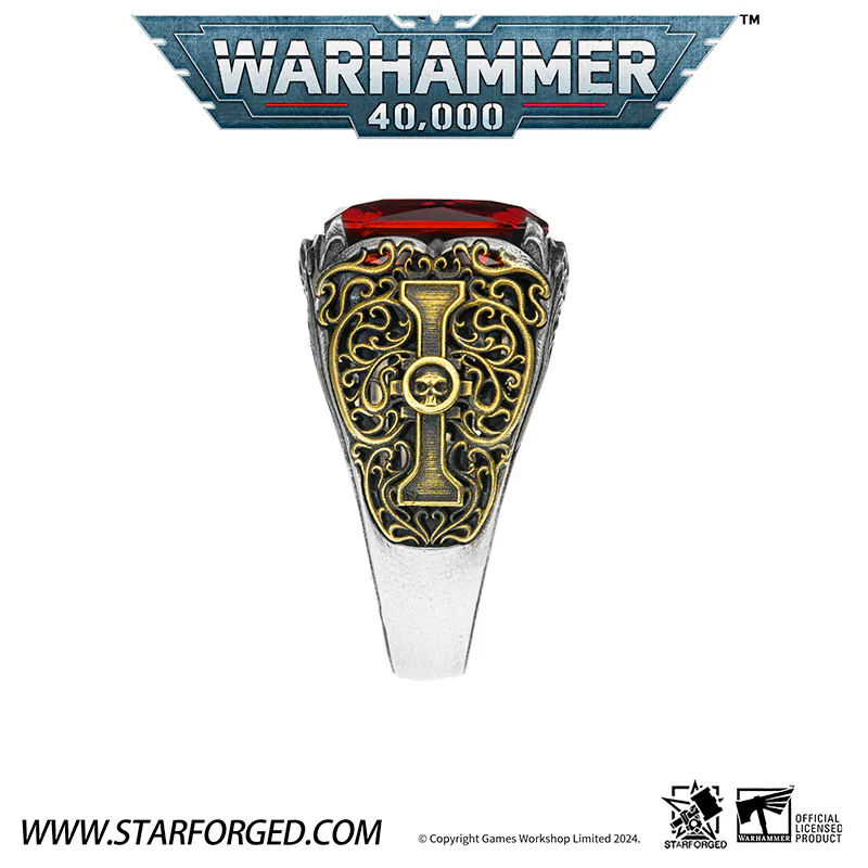 Starforged Seal of the Inquisitor Warhammer 40K Men's Garnet Gemstone 925 Silver & Gold Ring - Image 5